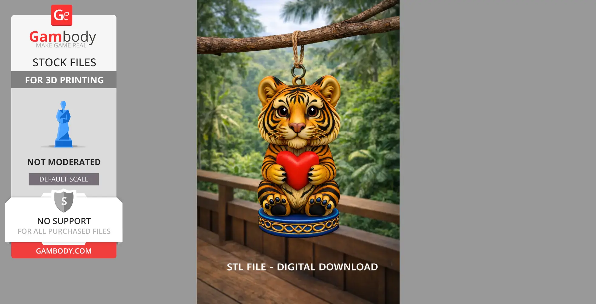A cute tiger figurine holding a red heart, sitting on a decorative base, designed for 3D printing.