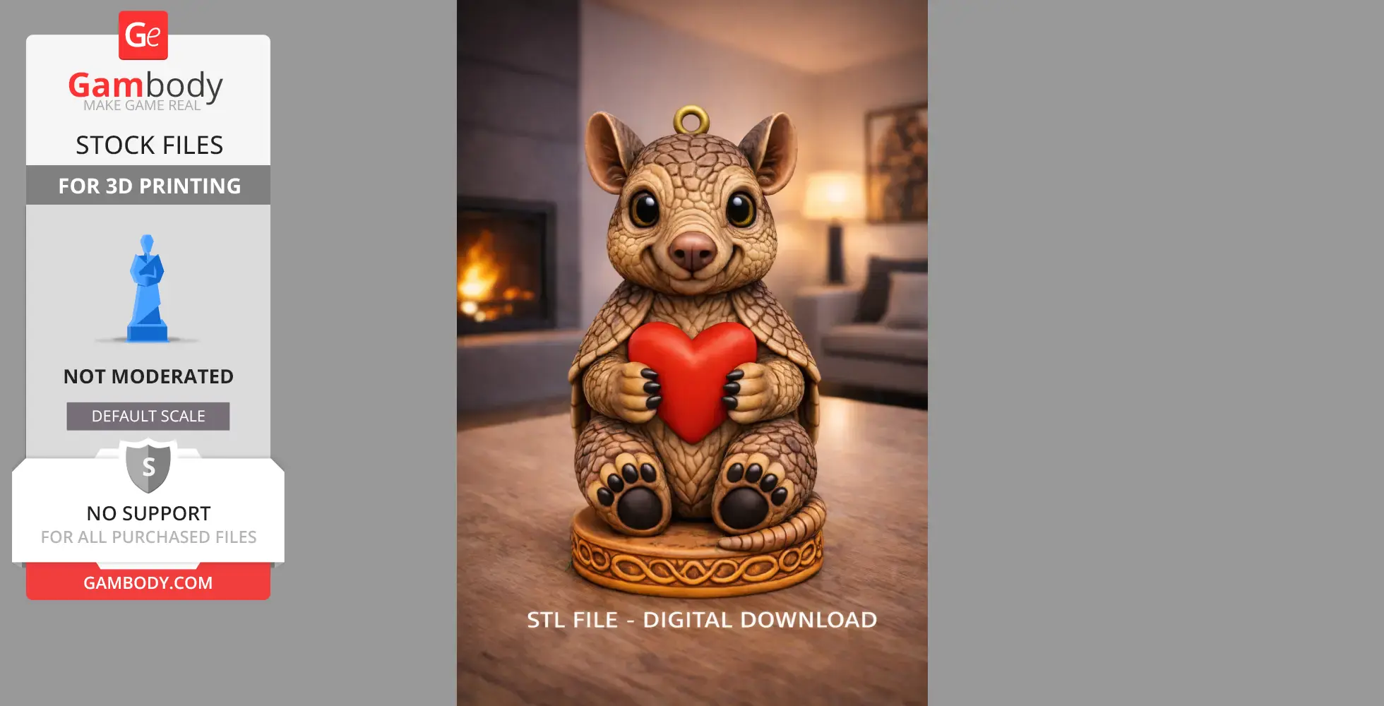 A cute armadillo figurine holding a red heart, designed for 3D printing, placed on a decorative base.