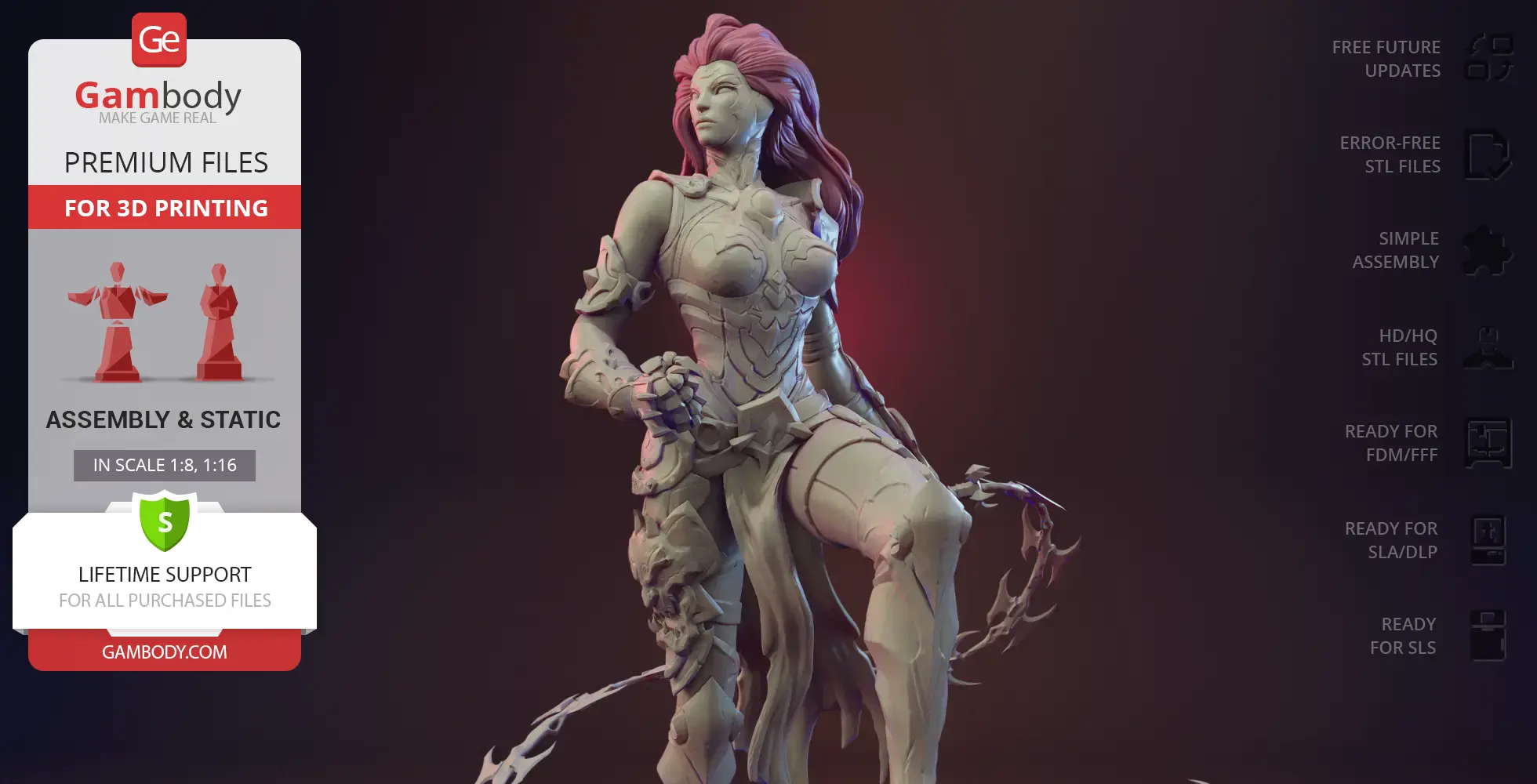 A warrior woman in detailed armor with flowing hair, ready for 3D printing.