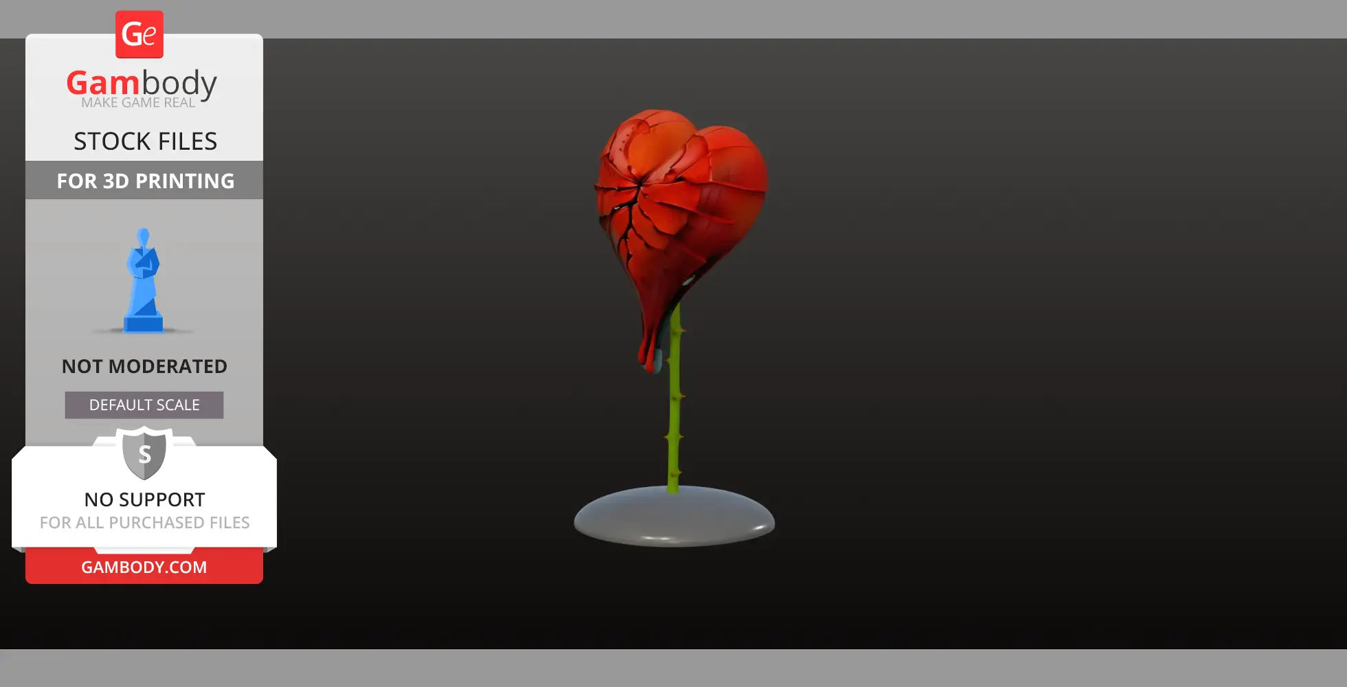 A 3D model of a red heart-shaped rose on a green stem, designed for 3D printing.