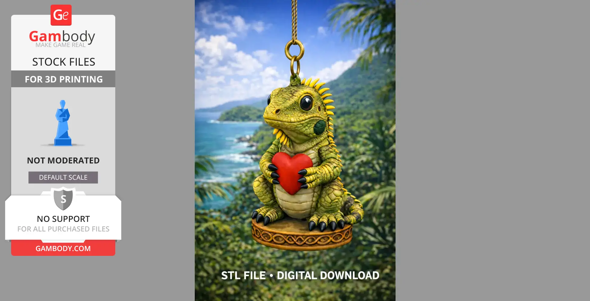 A cute iguana holding a red heart, hanging by a rope with a scenic tropical background.
