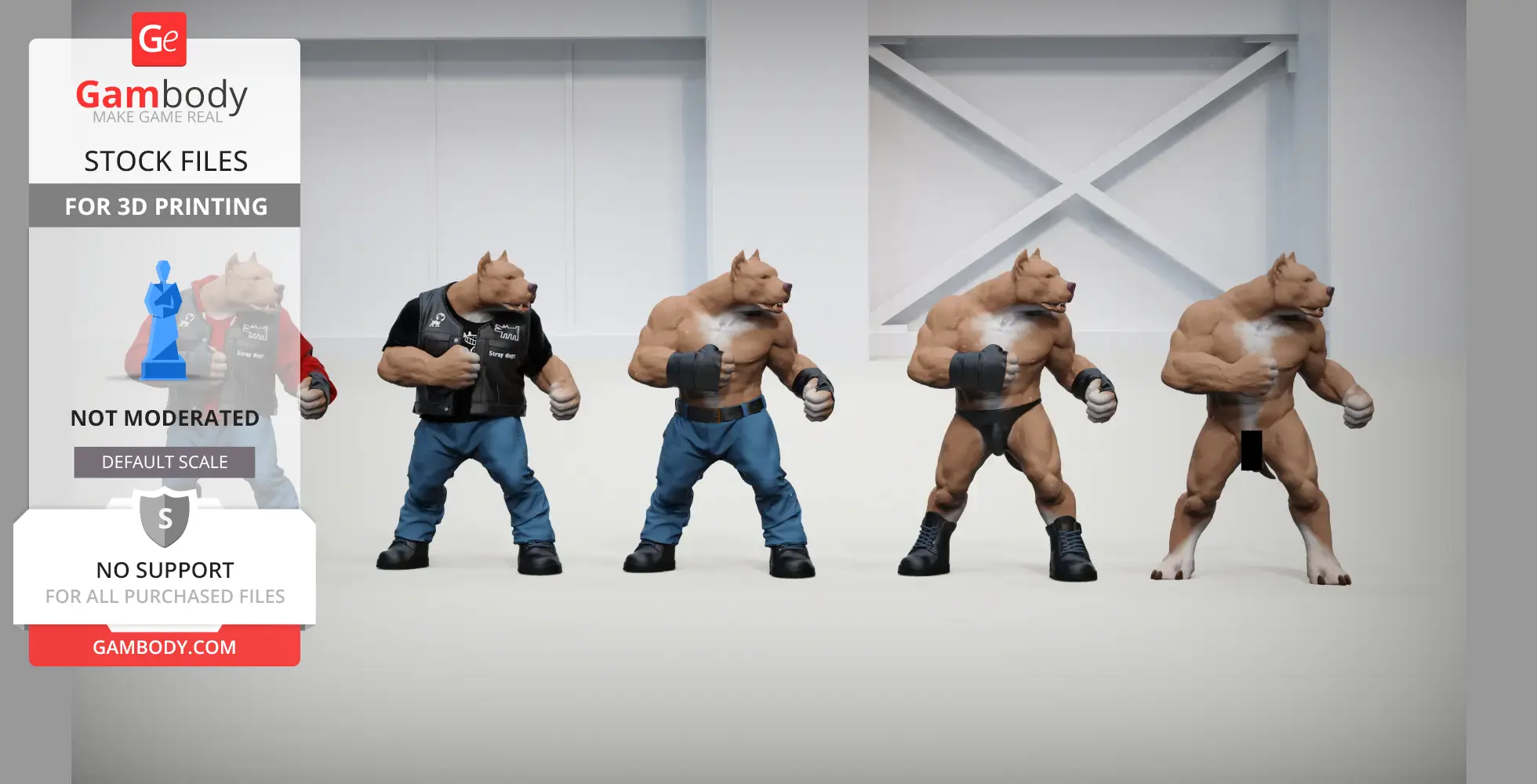 Five anthropomorphic pitbull figures in different outfits and stances for 3D printing.