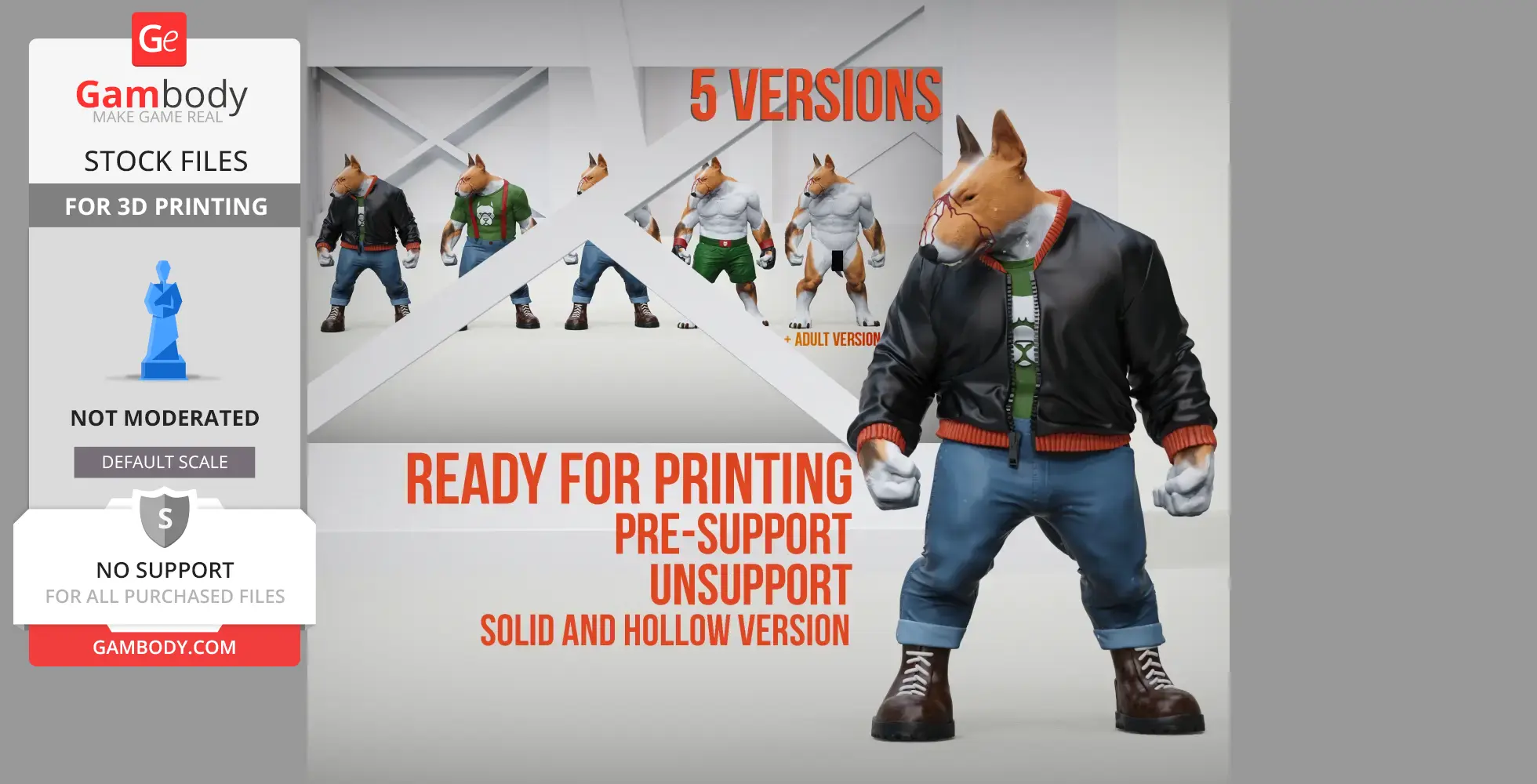 Anthropomorphic bullterrier in various outfits, ready for 3D printing in five versions.