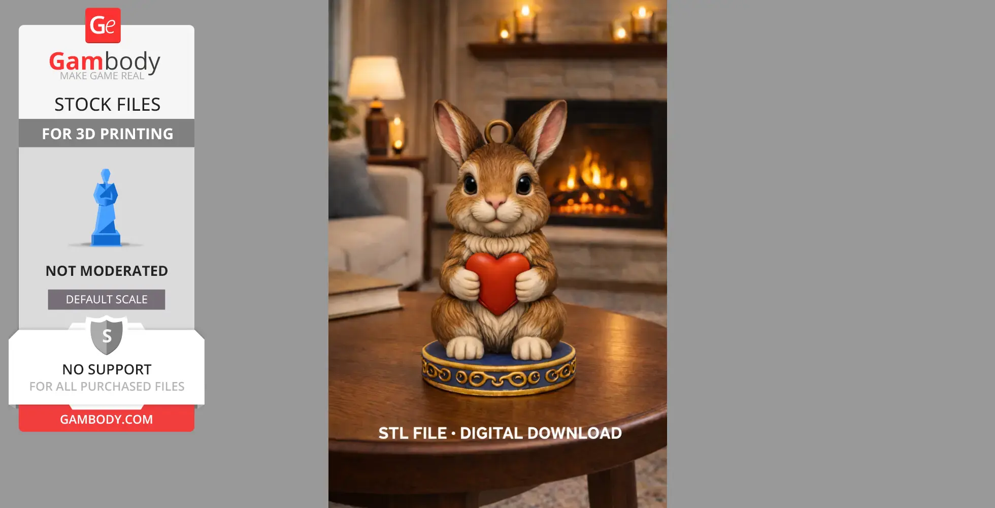 Cute bunny holding a red heart, seated on an ornate base, in front of a cozy fireplace.