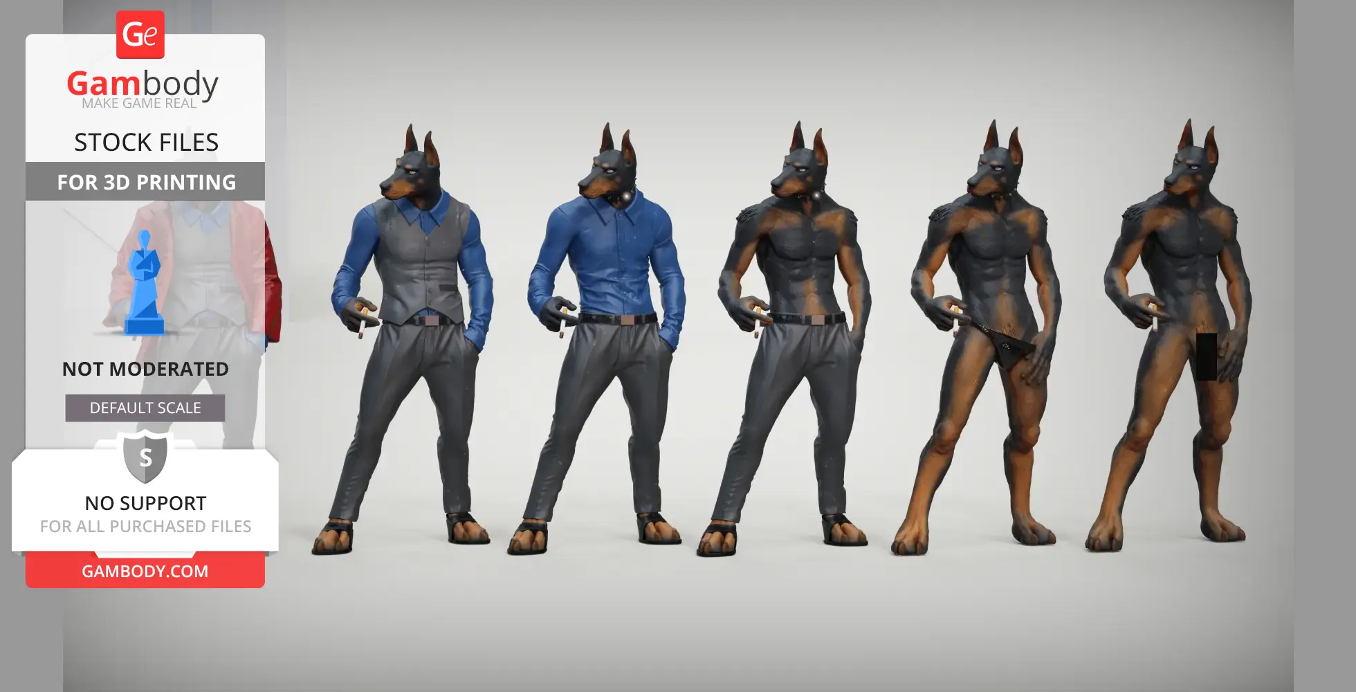 Anthropomorphic Doberman figure in various poses wearing different outfits.
