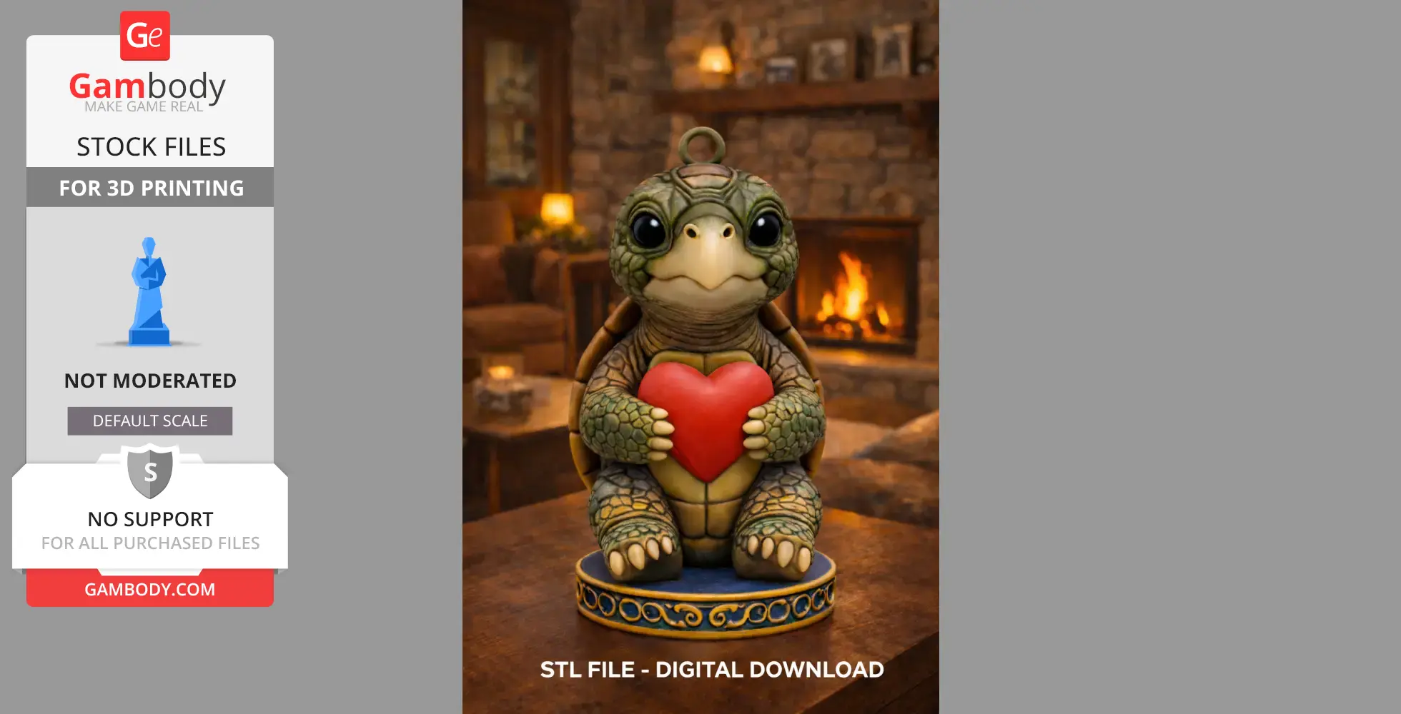 A cute turtle holding a red heart, designed for 3D printing, placed in a cozy room setting.