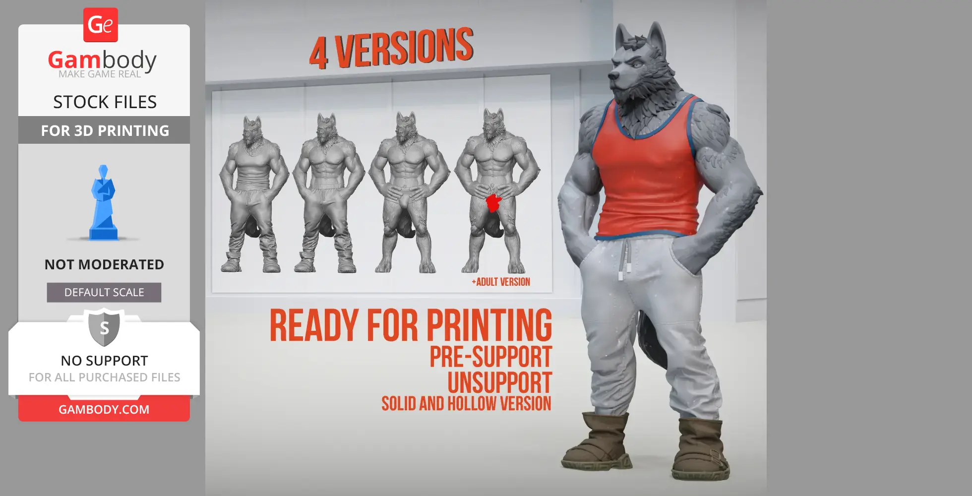 3D model of anthropomorphic wolf wearing casual clothes, available in four versions for printing.