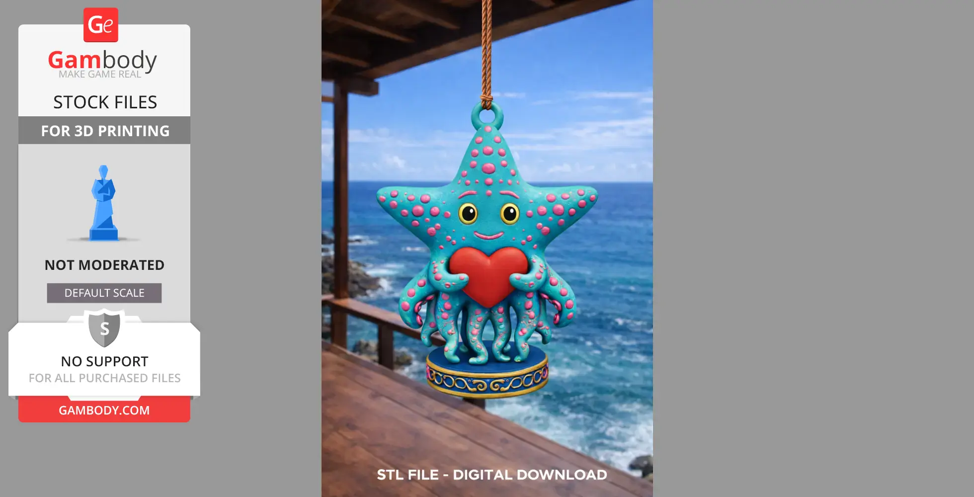 Cute, colorful starfish holding a heart, hanging on a rope, with an ocean view background.