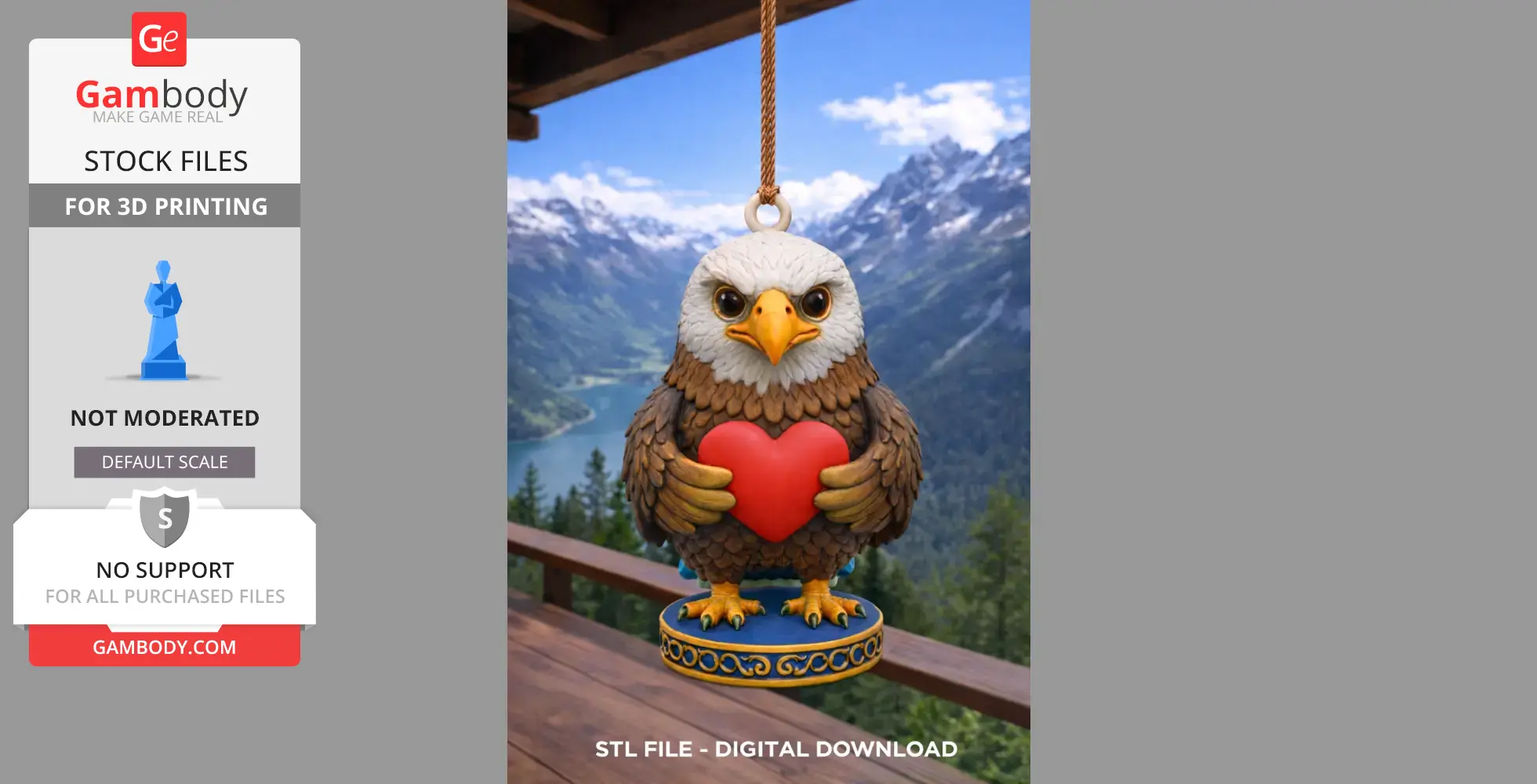 A cute eagle holding a red heart, hanging on a rope, with mountains in the background.