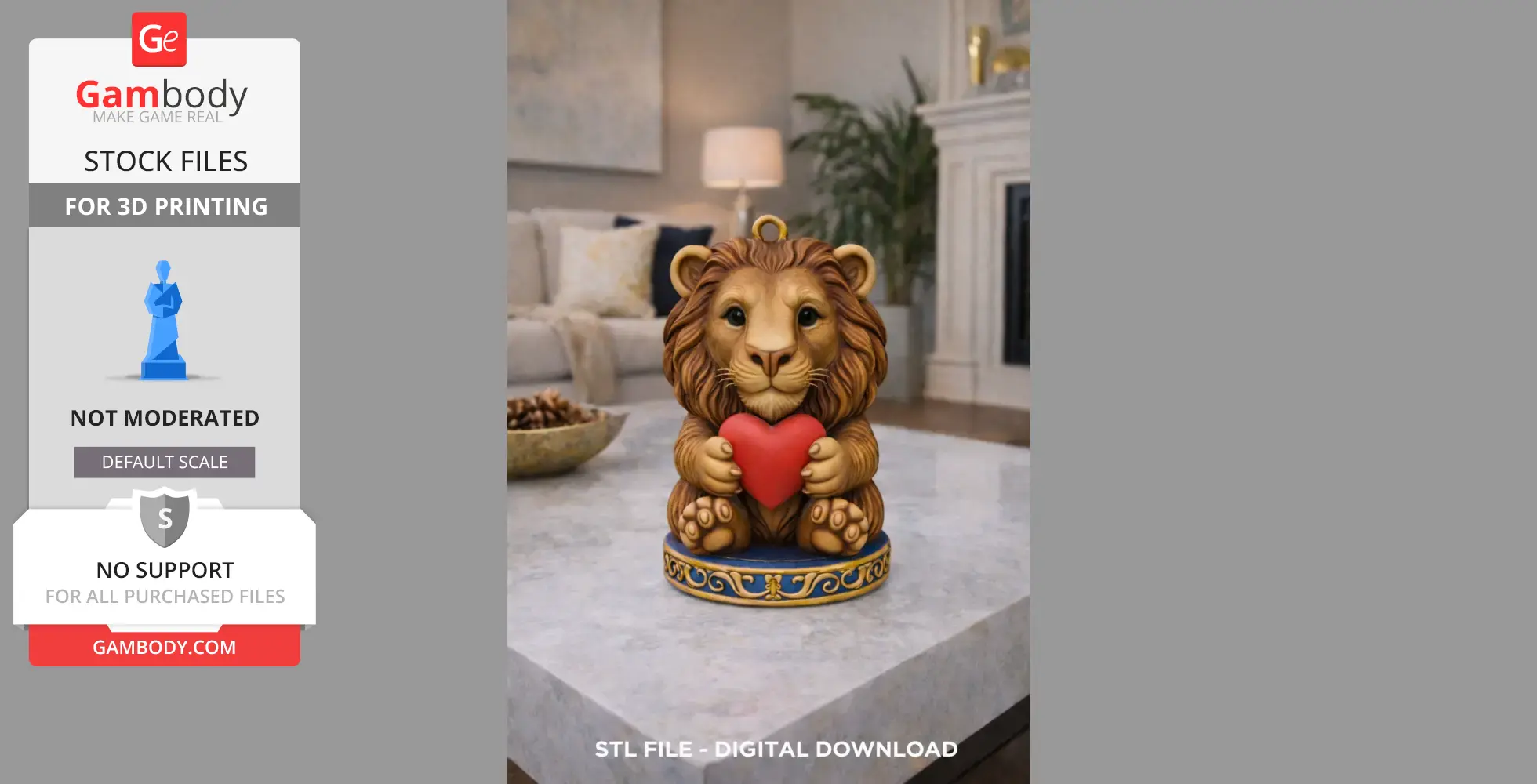 A cute lion figurine holding a red heart, designed for 3D printing, placed on a decorative base.