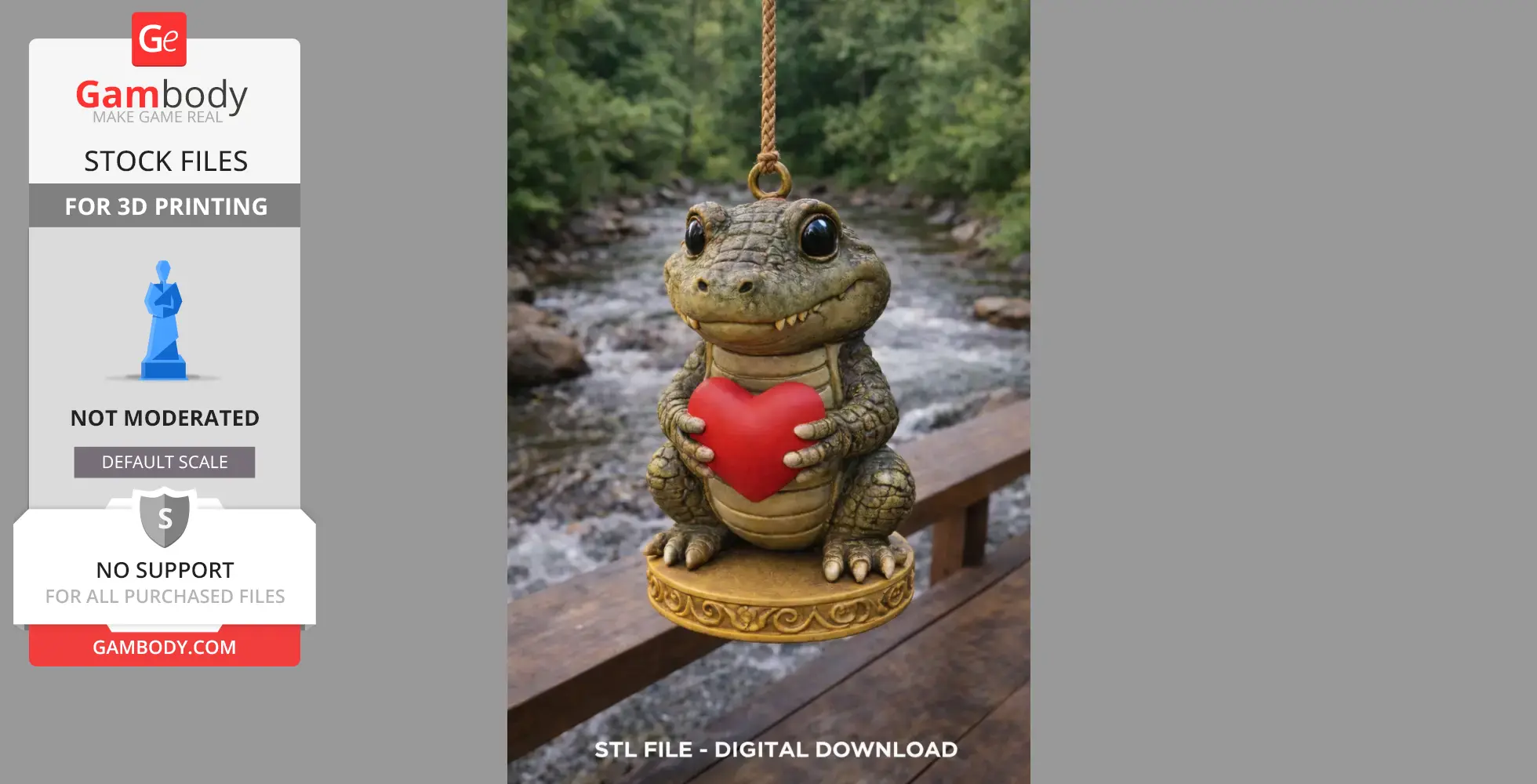 Cute crocodile holding a red heart, sitting on a decorative base in a natural outdoor setting.