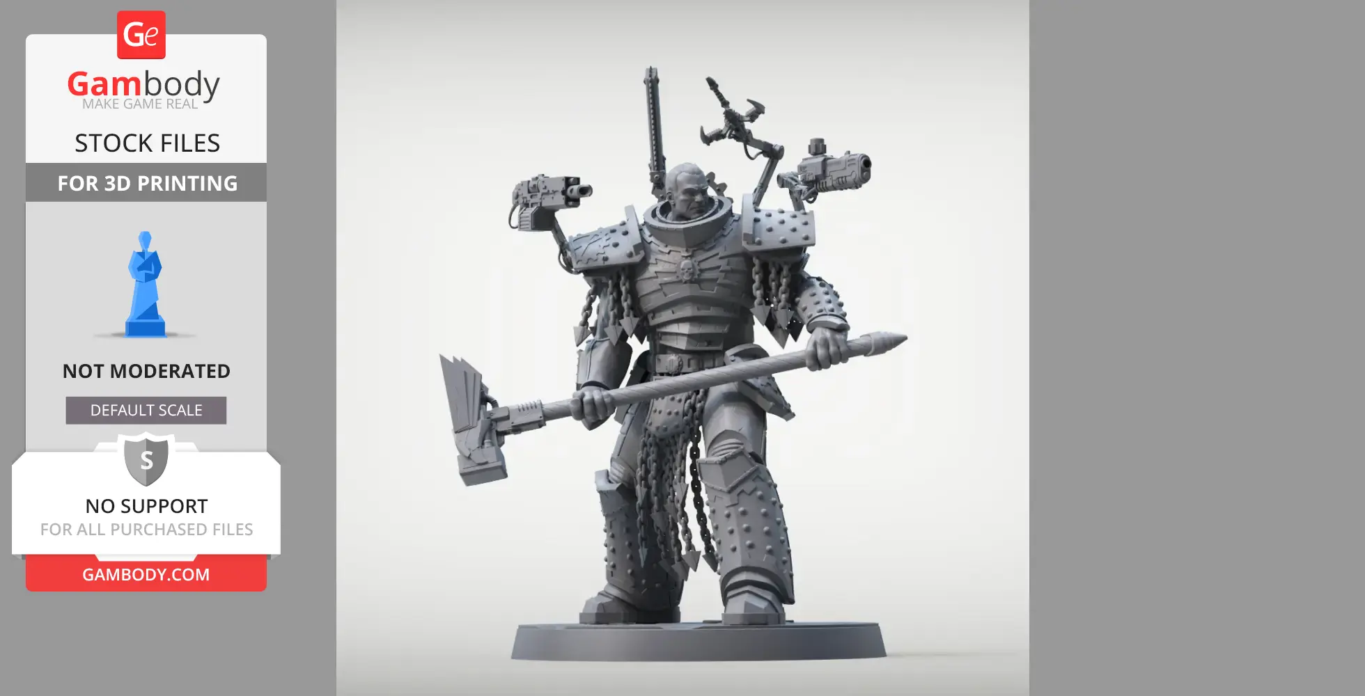 A heavily armored warrior figurine with weapons and a hammer in hand, designed for 3D printing.