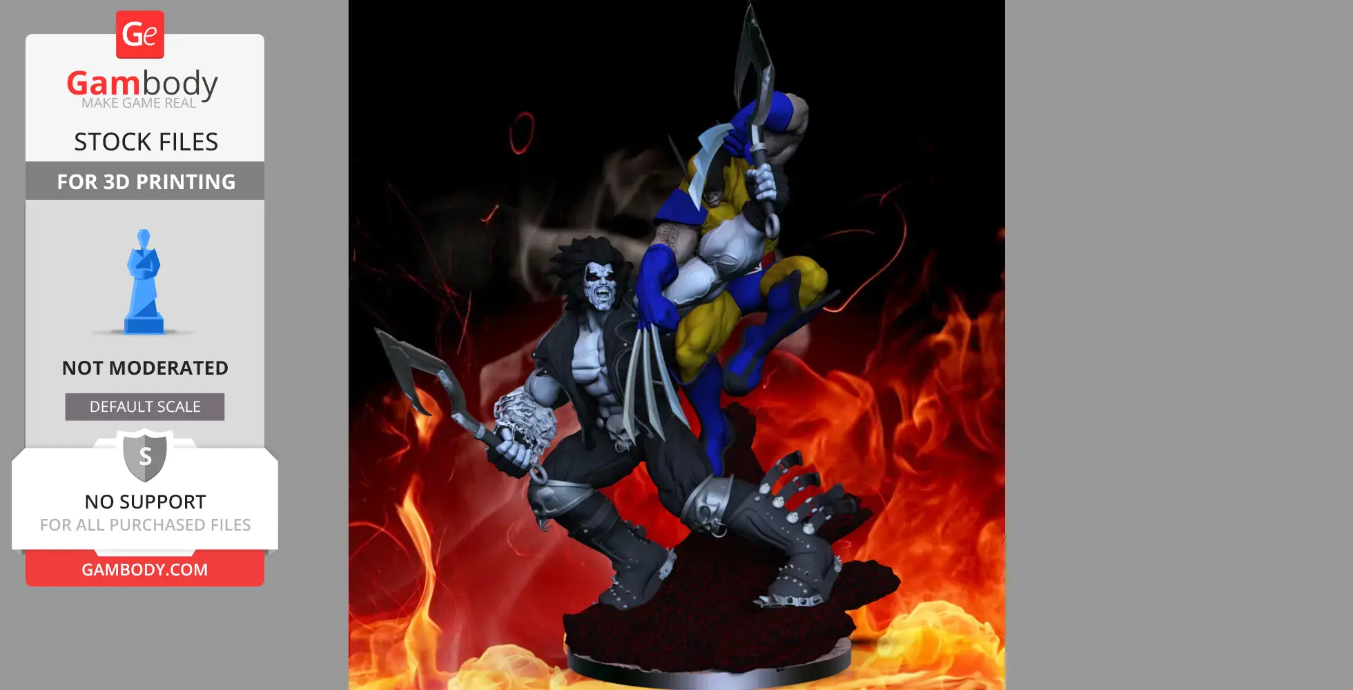 Two muscular characters in a dynamic battle pose, surrounded by flames.