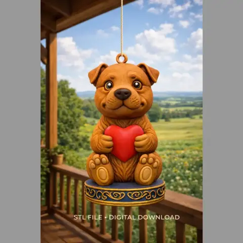 Cute Puppy Holding Heart STL File – 3D Printable Dog Figurine – Adorable Hanging Ornament – Digital Download