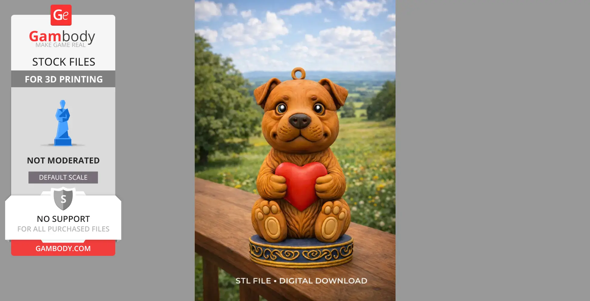Cute puppy figurine holding a red heart, sitting on a decorative base, designed for 3D printing.