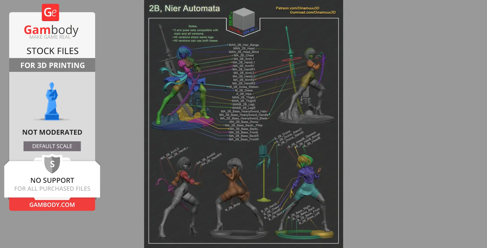 A detailed 3D model of 2B from Nier Automata with various assembly parts and poses for 3D printing.