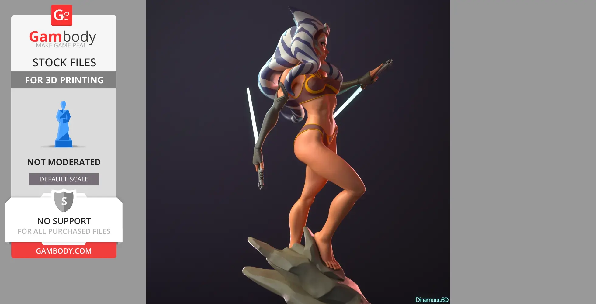 A 3D model of a warrior woman with two lightsabers, wearing a headpiece, standing on a rock.