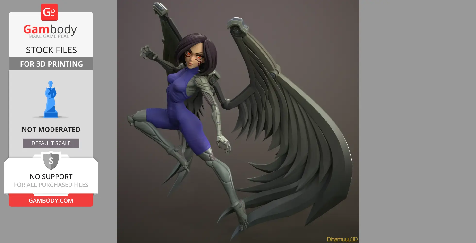 A detailed 3D model of a futuristic warrior with mechanical wings and armor, ready for 3D printing.