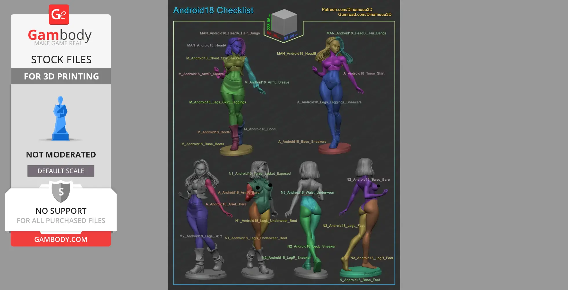 3D model parts of Android 18 from Dragon Ball Z, with various color-coded sections and labeling for assembly.