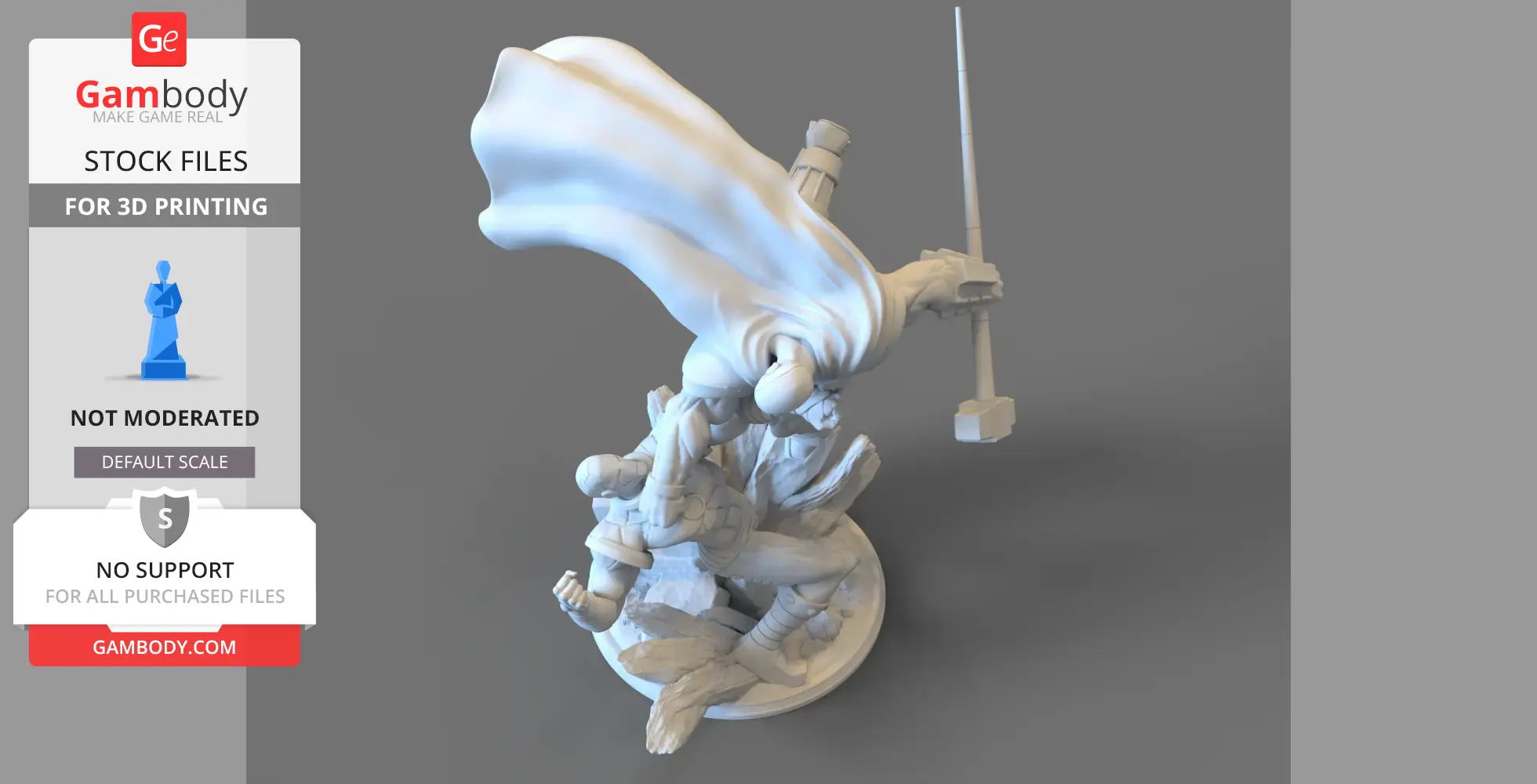 Two armored figures in dynamic battle pose; one with a cape, the other flying backward.
