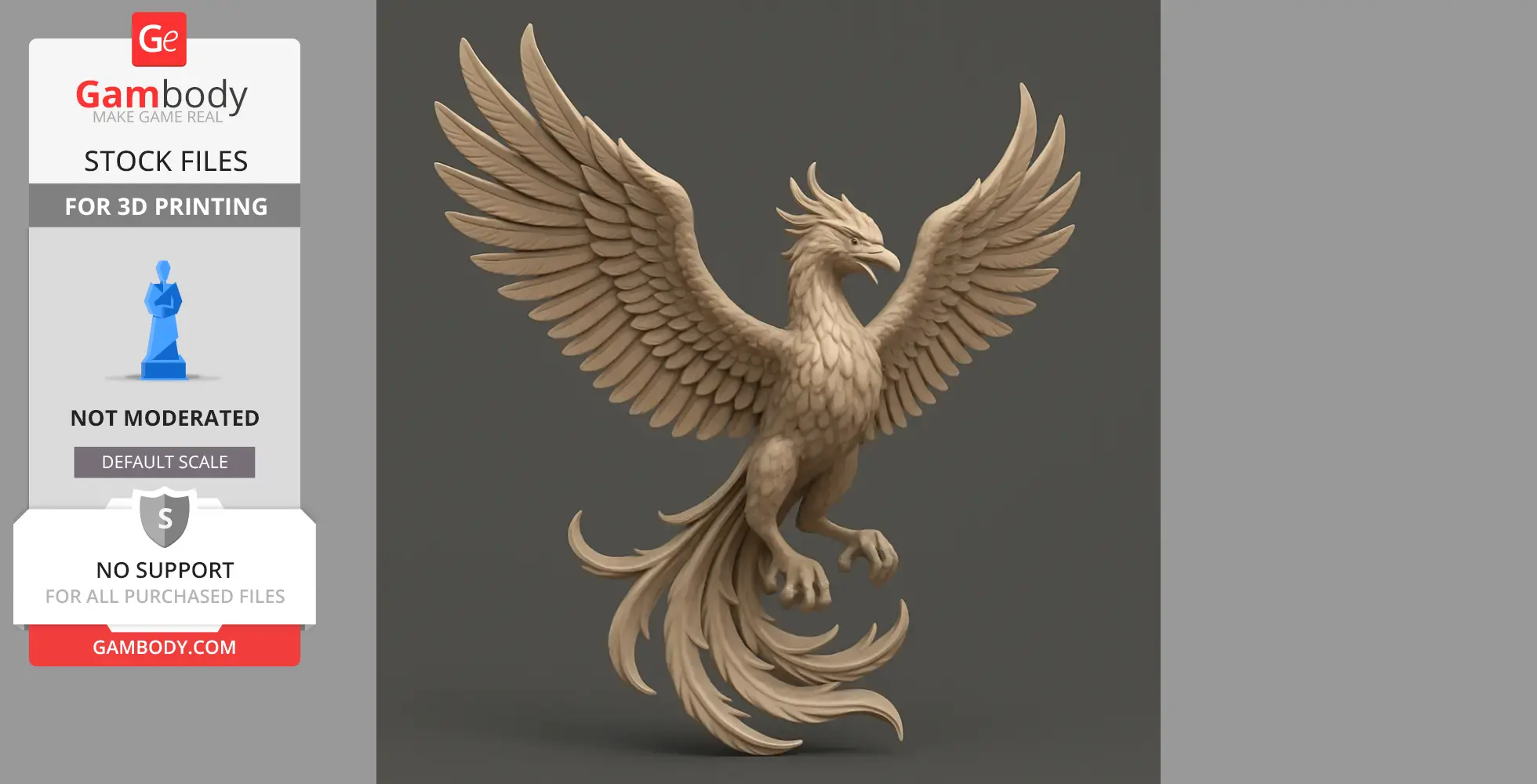 A detailed 3D model of a phoenix with outstretched wings and flowing tail feathers, ready for 3D printing.