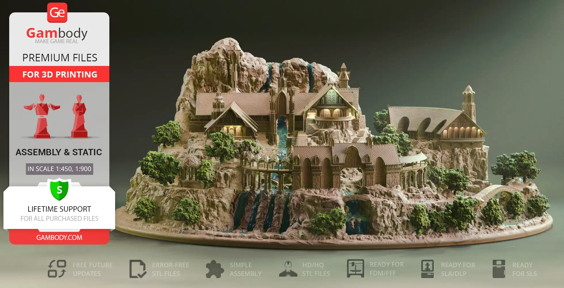 Detailed 3D model of Rivendell from LOTR, featuring intricate architecture and natural landscape.