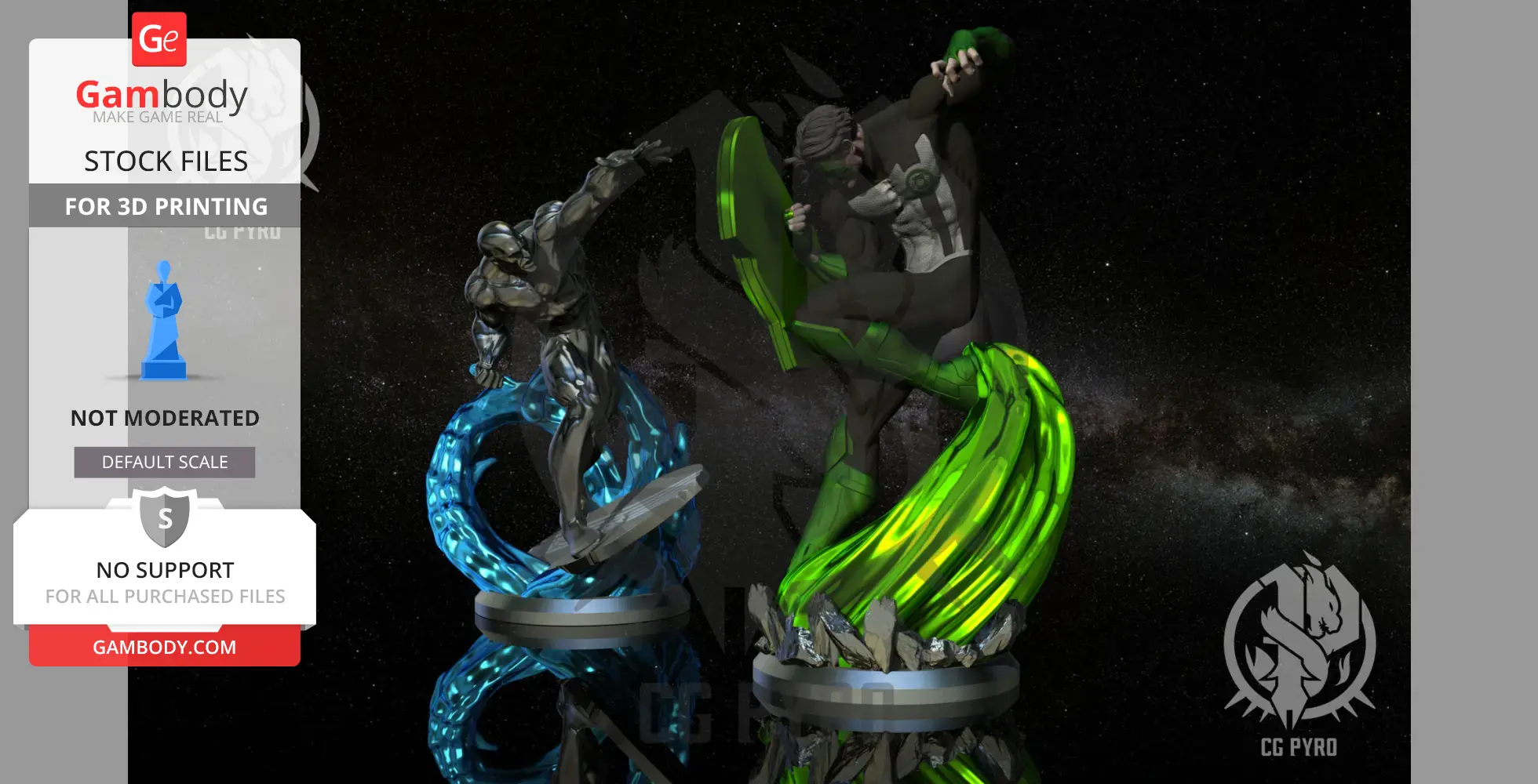 Two superhero figures in dynamic poses, one with green elements, the other with silver and blue, on a reflective base.