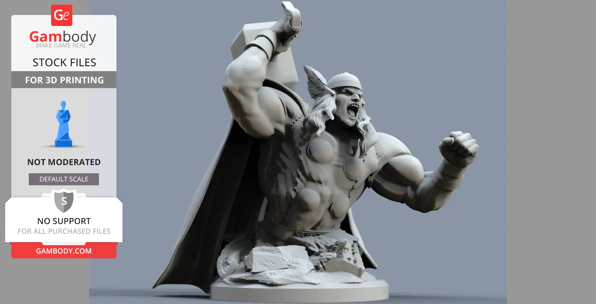 A dynamic 3D diorama featuring a muscular figure with an axe and cape, poised for action.