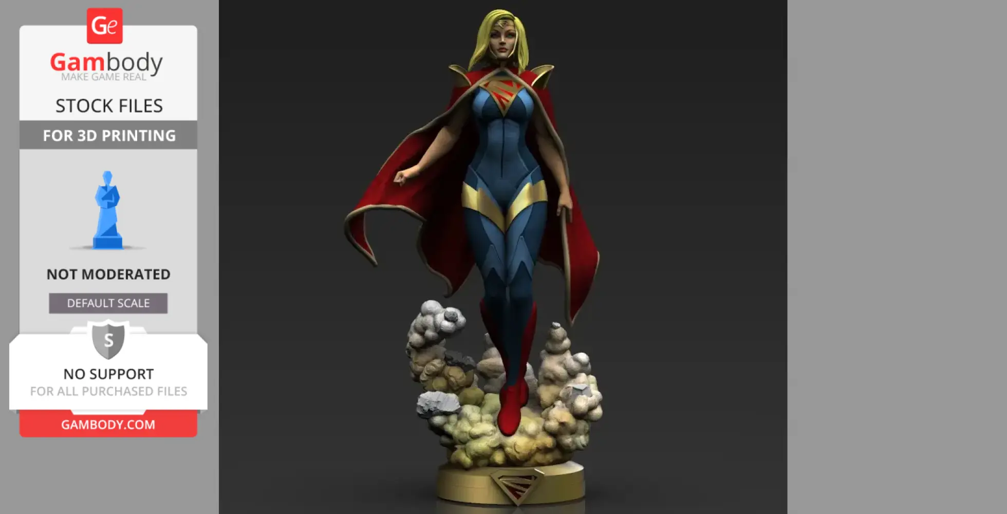 3D model of Supergirl in a dynamic pose, wearing a blue suit and red cape, standing on cloud-like base.