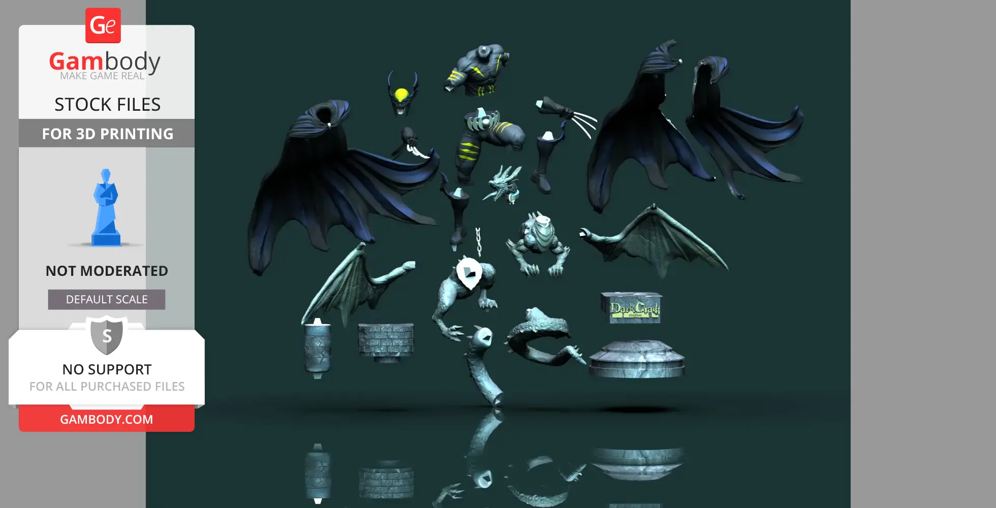 Exploded view of a 3D model featuring a superhero with bat wings and claws, designed for printing.