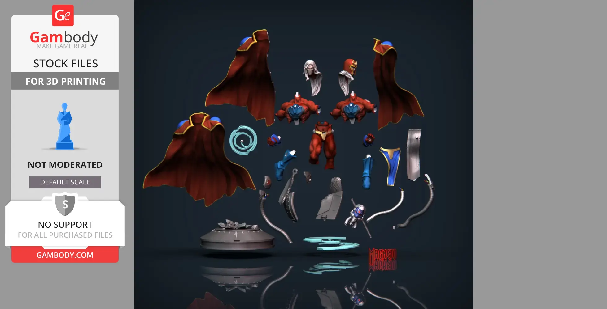 Exploded view of a Magneto-inspired 3D model kit with cape, torso, head, and base parts.