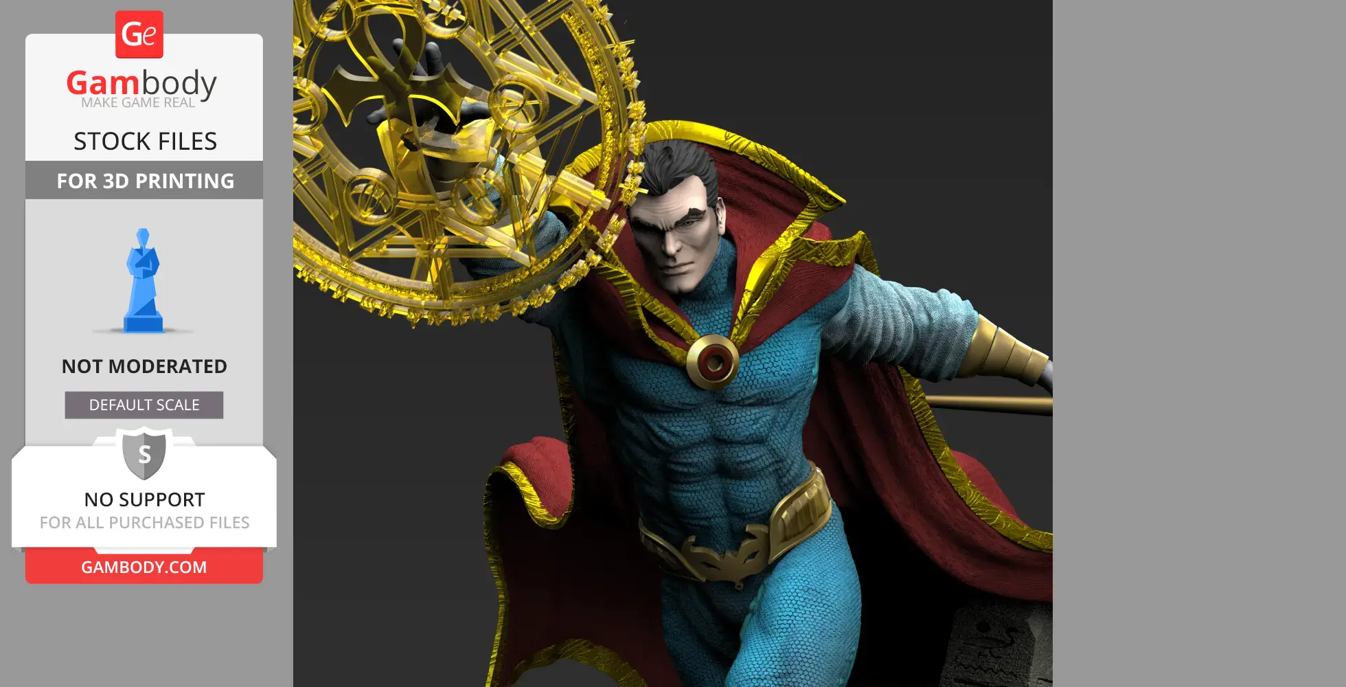 A 3D model of a hero in a blue suit and red cape, casting a spell with a magical artifact.