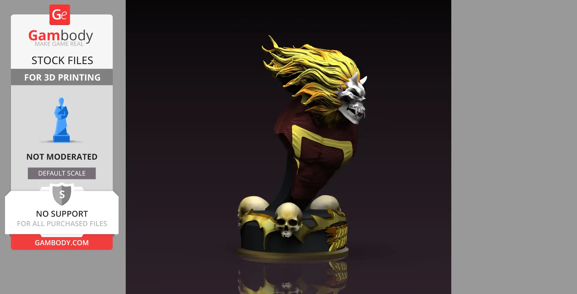 A dynamic bust of a fiery-headed figure with skull-themed base, combining heroic and supernatural elements.