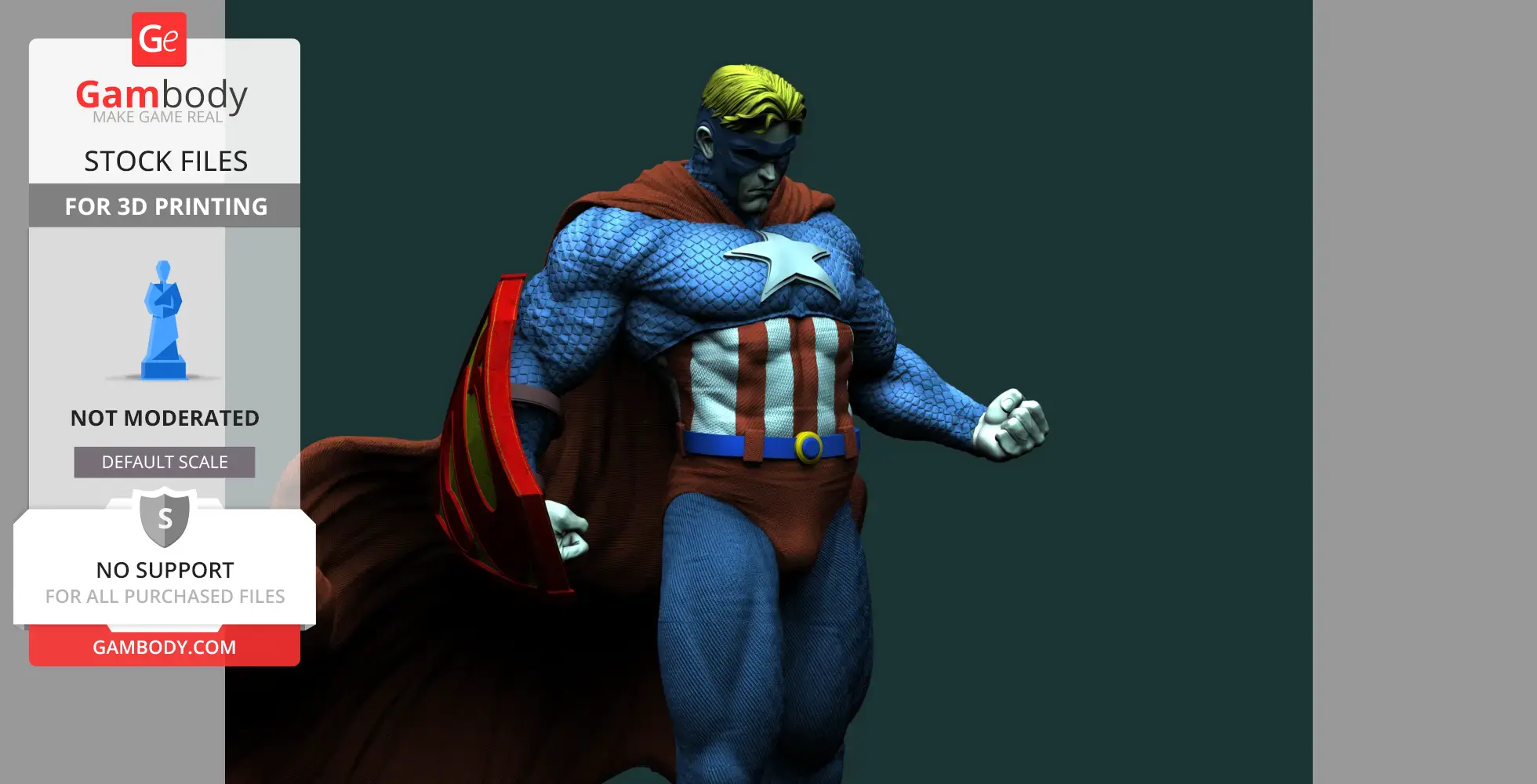 A muscular superhero with blue and red attire, star emblem, and cape, posed confidently.
