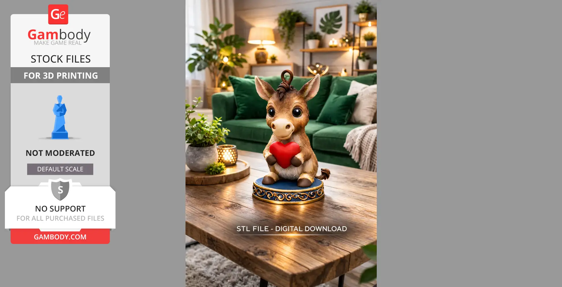 Cute donkey figurine holding a red heart, placed on a decorative stand. Cozy living room backdrop.