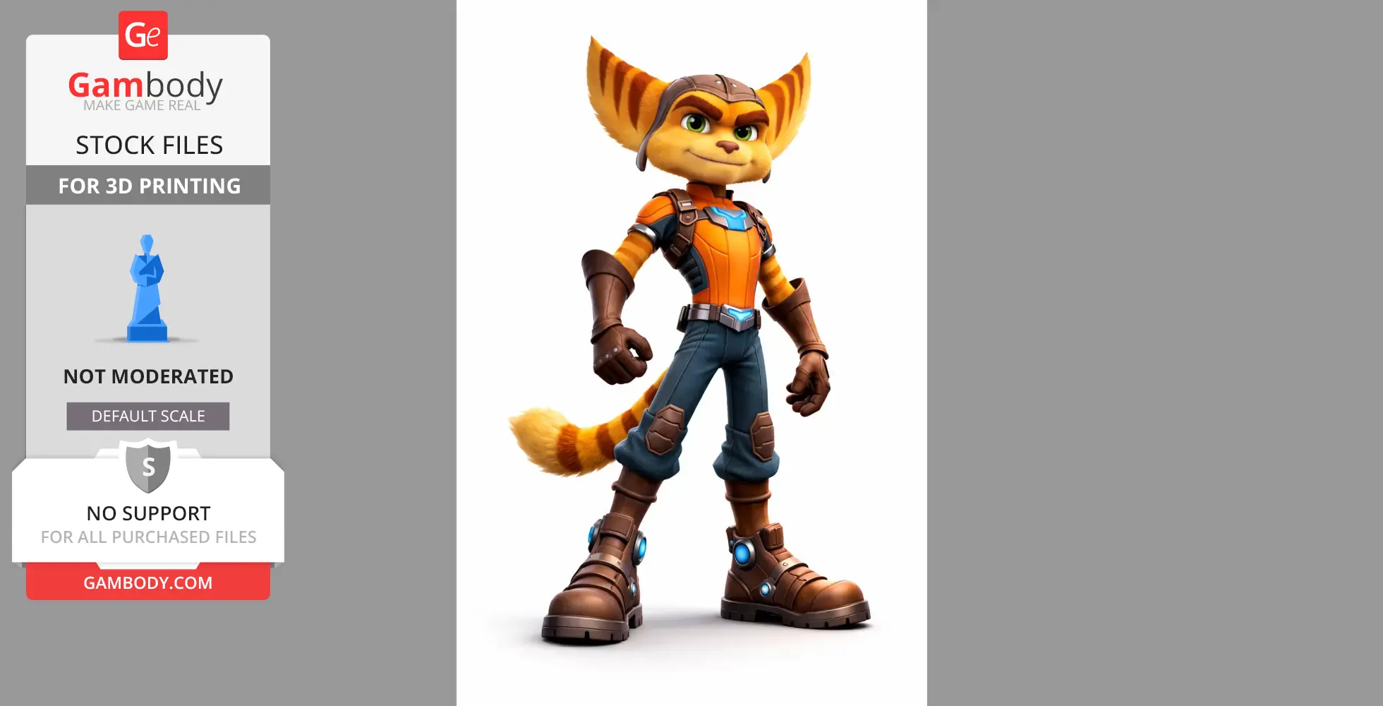 A humanoid creature with large ears, wearing an orange suit, standing confidently with a metal gadget belt.