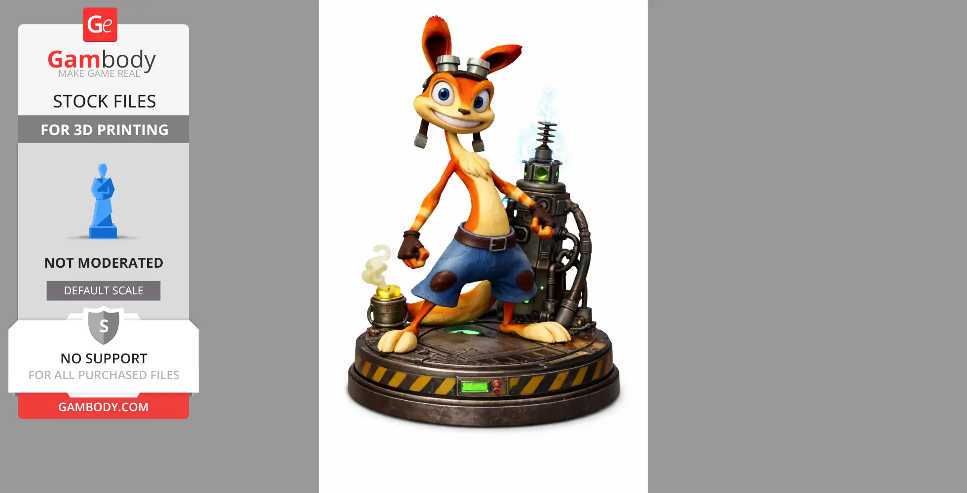 Animated orange creature with goggles, standing on a mechanical base with glowing elements.