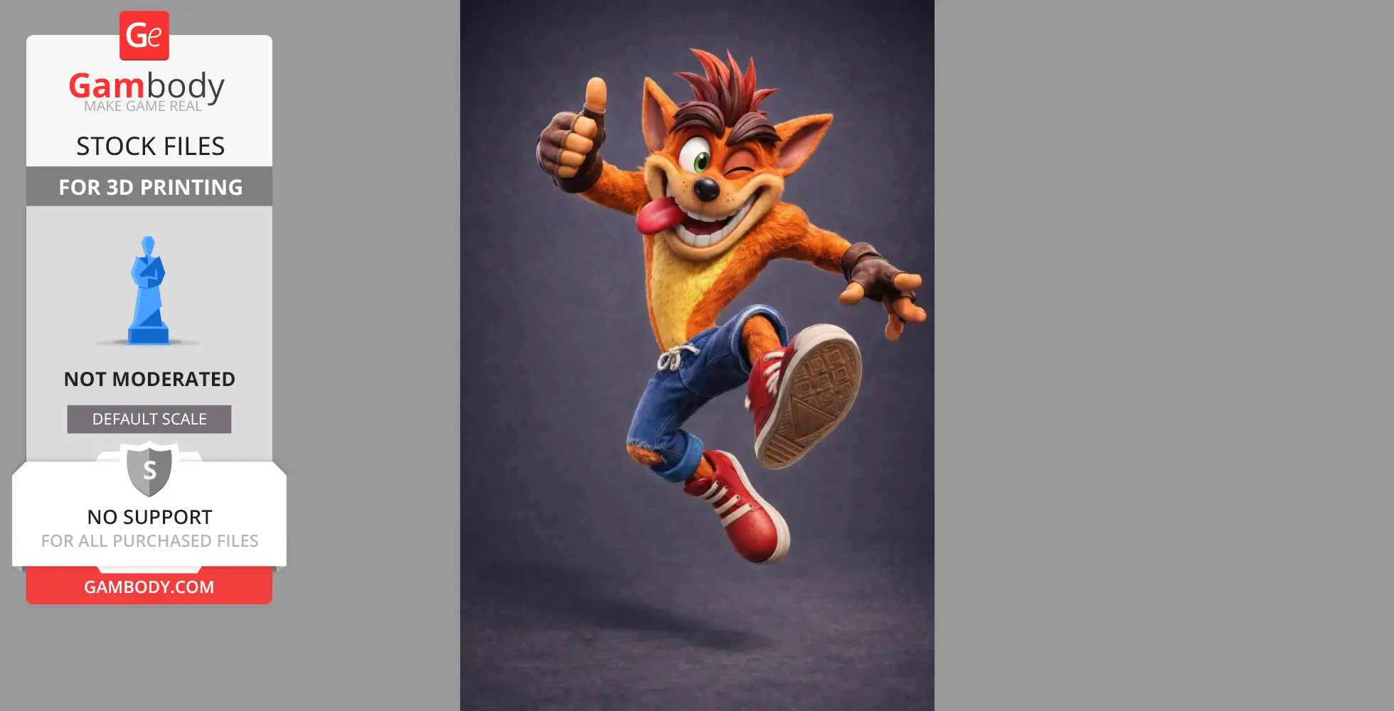 Anthropomorphic bandicoot character jumping with thumbs up, wearing jeans and red sneakers.