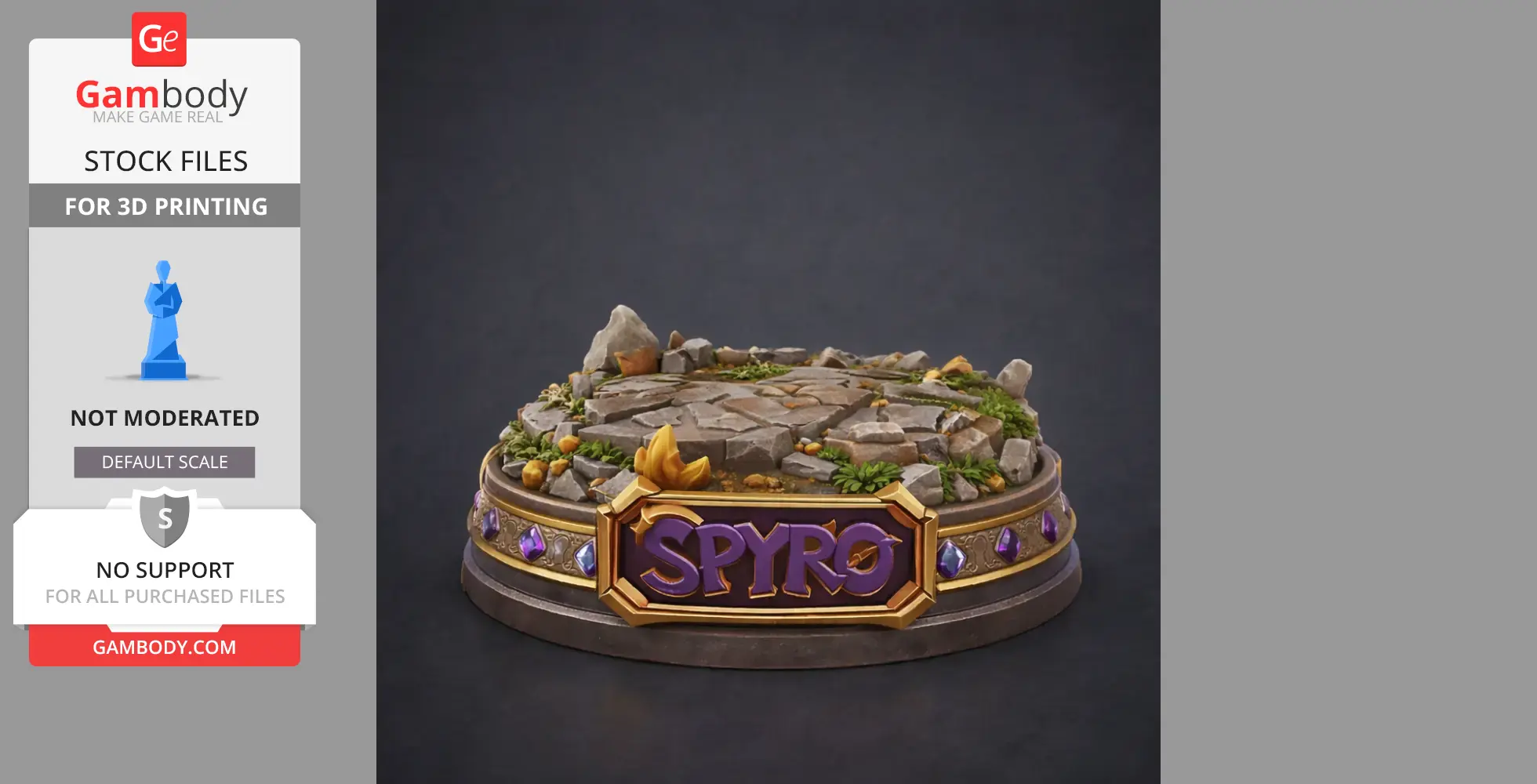 Diorama base with rocky terrain, foliage, and 'Spyro' sign in gold and purple accents.