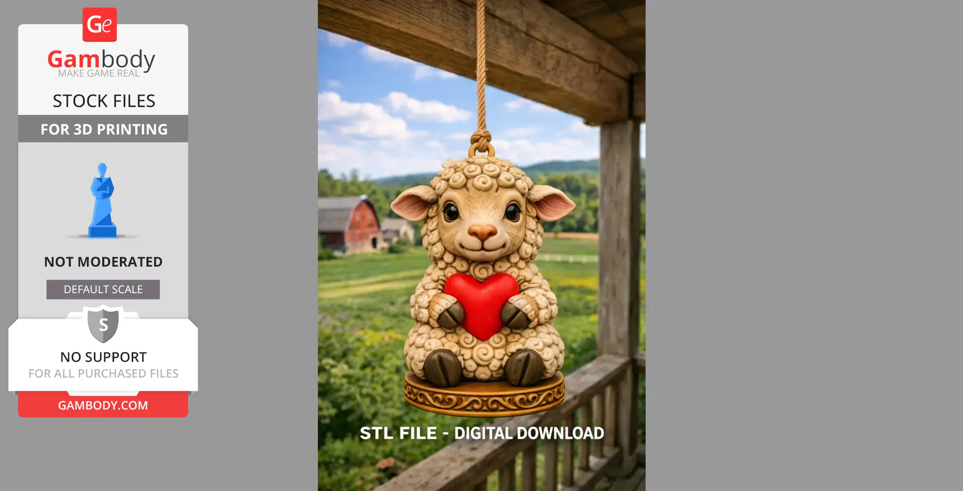 Cute lamb holding a red heart, hanging from a rope with a scenic farm backdrop. Ideal for 3D printing.