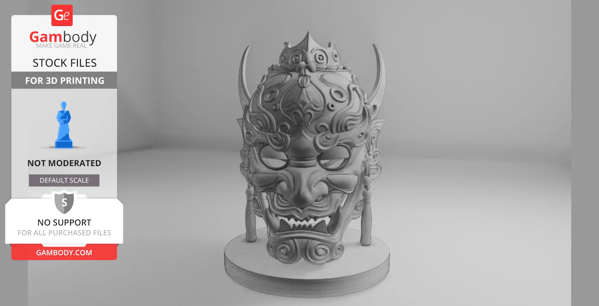 Intricate demon mask with horns and ornate designs, set on a round base for 3D printing.