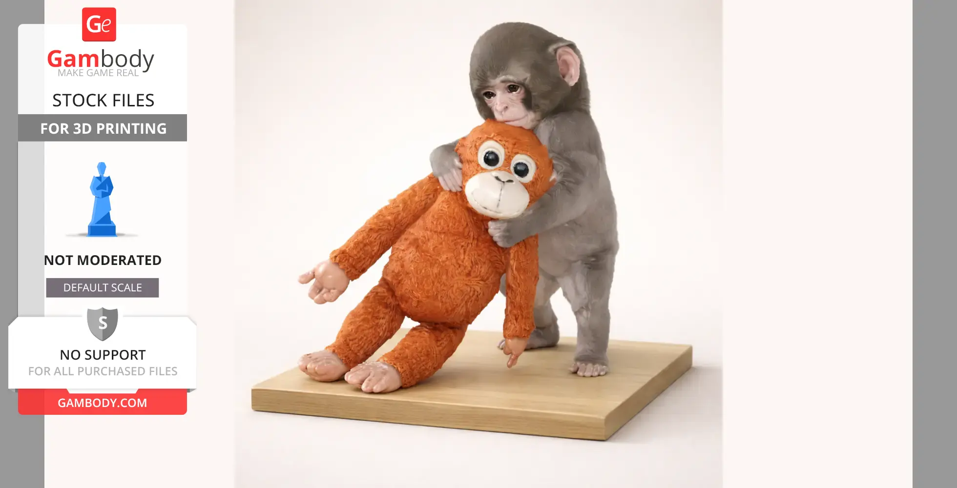 Baby monkey hugging a plush toy orangutan on a wooden base for 3D printing.