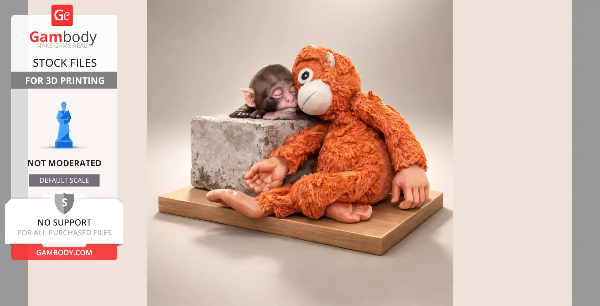 A sleeping baby monkey rests on a block, cuddled next to an orange plush toy monkey.