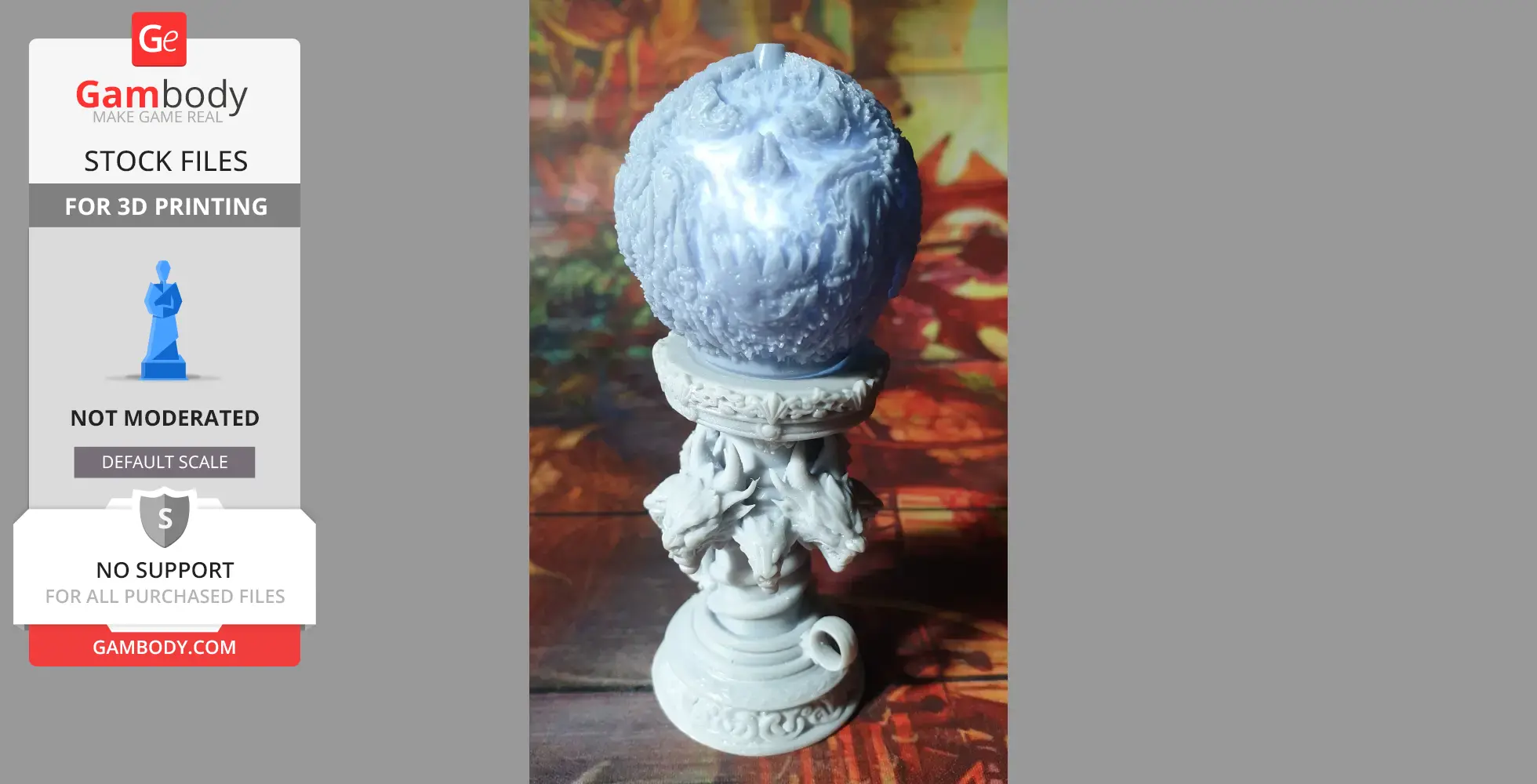 A detailed demonic orb with a textured surface on a decorative pedestal featuring dragon heads.