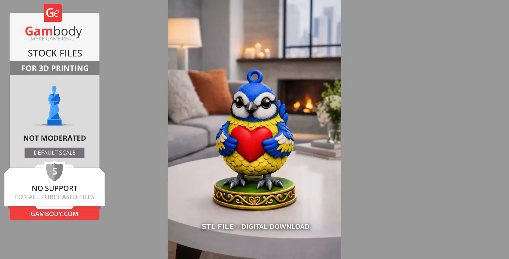 A cute blue bird ornament holding a red heart, perfect for 3D printing, on a decorative base.