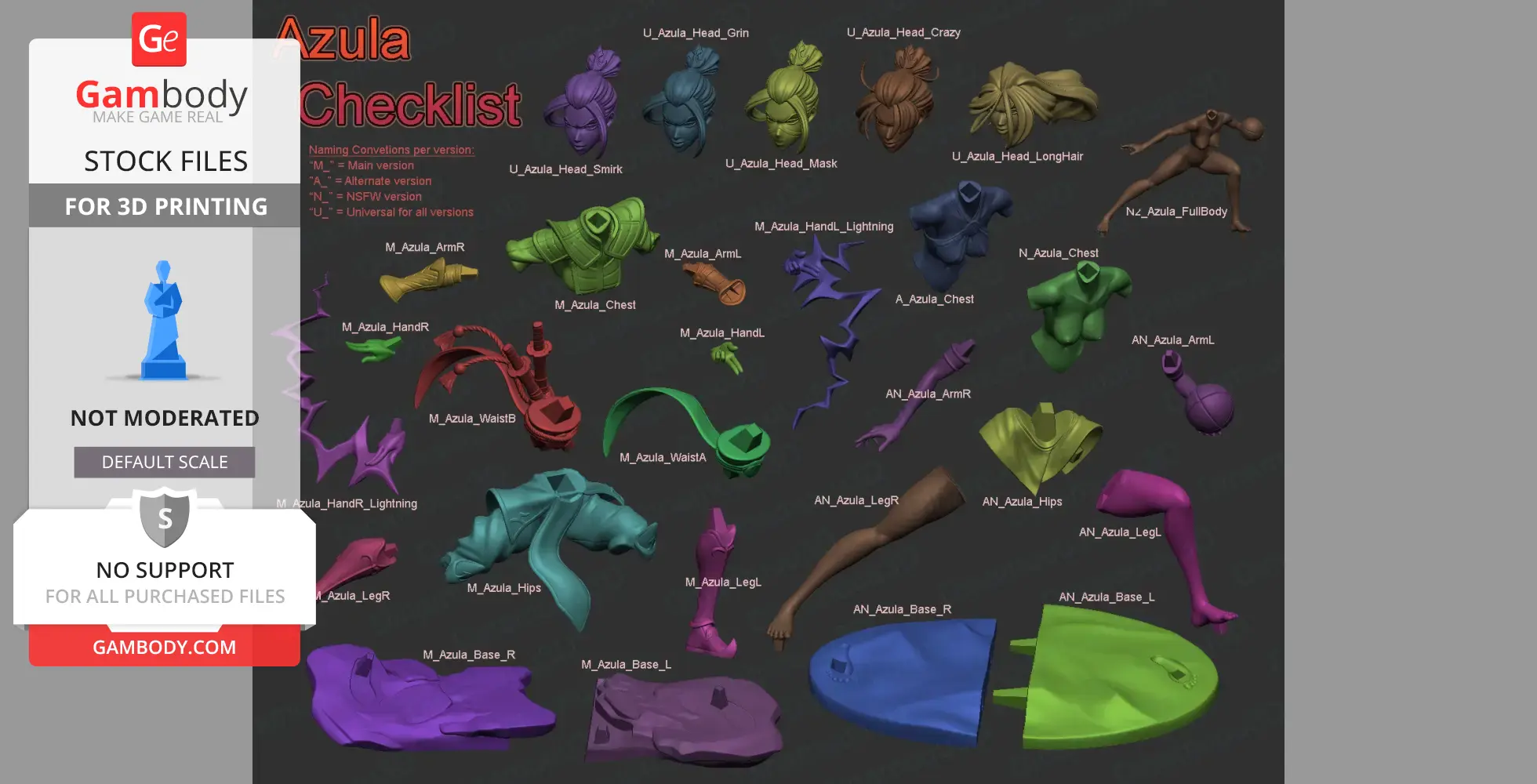 3D model pieces of Azula from Avatar, shown in various colors for assembly in STL format.