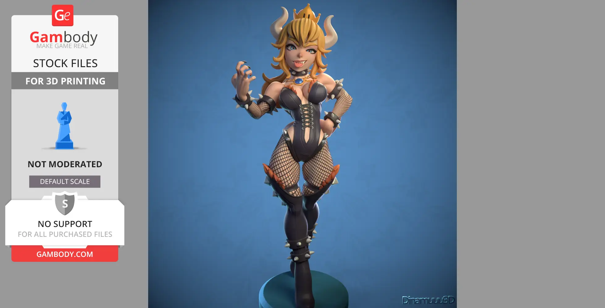 A stylized female character with horns and crown, wearing a spiked corset and fishnet stockings.