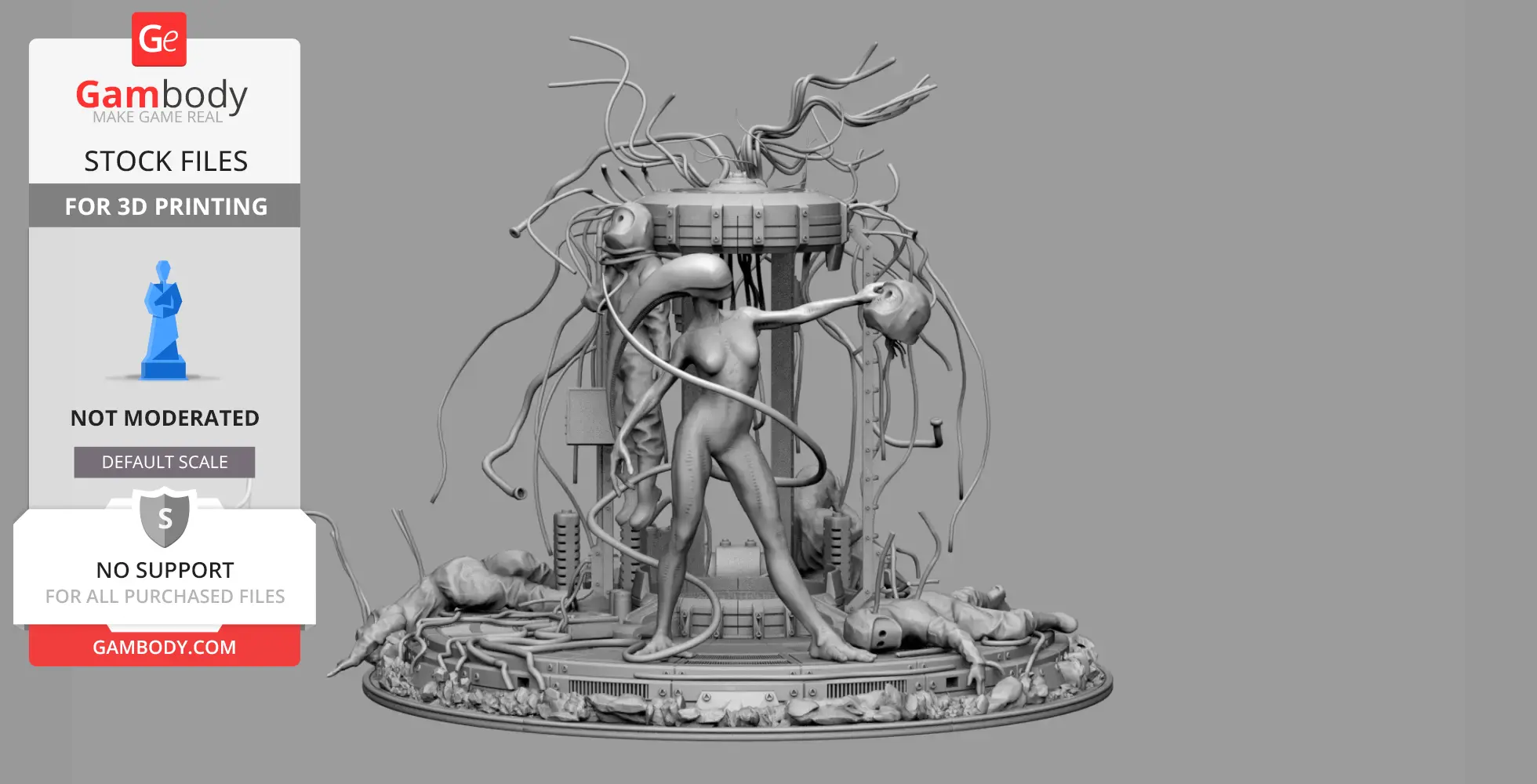 Alien creature breaking free from incubator with tendrils, surrounded by machinery and fallen figures.