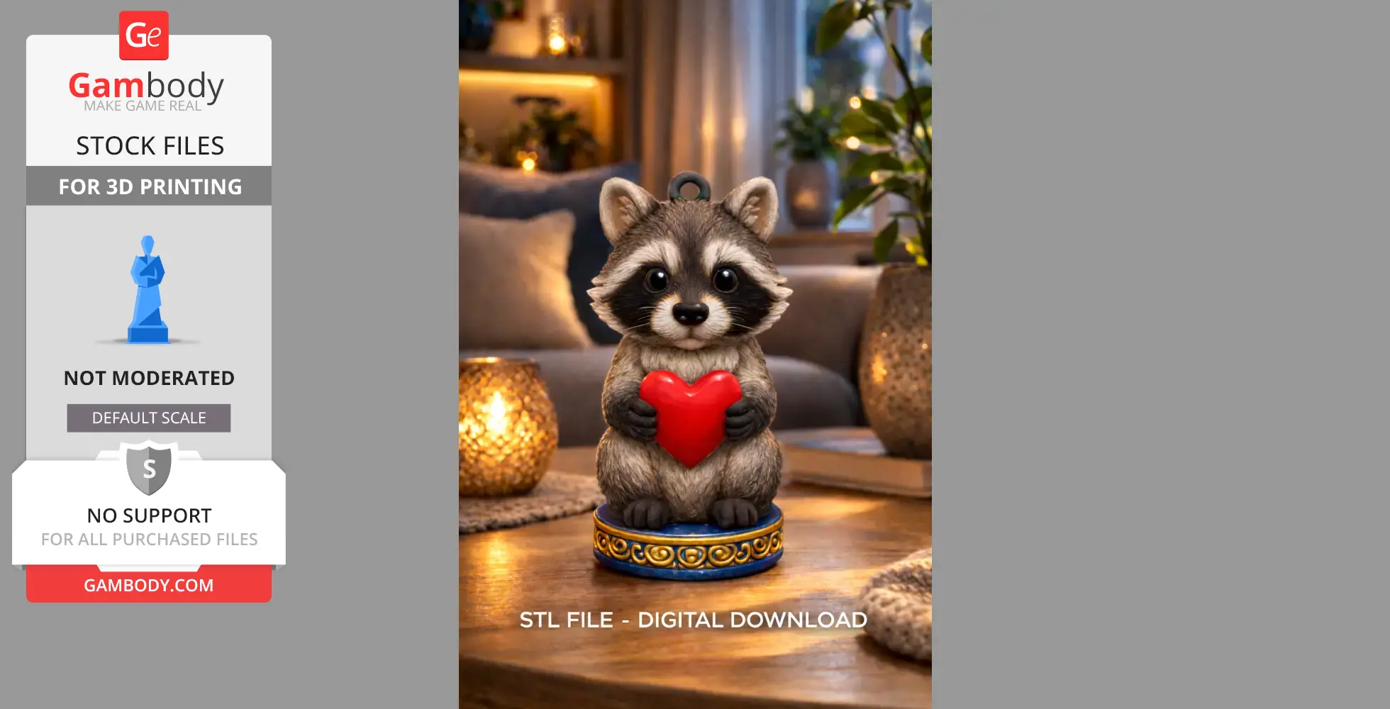 A cute raccoon figurine holding a red heart, designed as a 3D printable ornament.