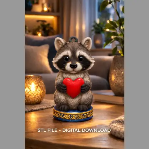 Cute Woodland Raccoon STL File – Heart Ornament 3D Print Download
